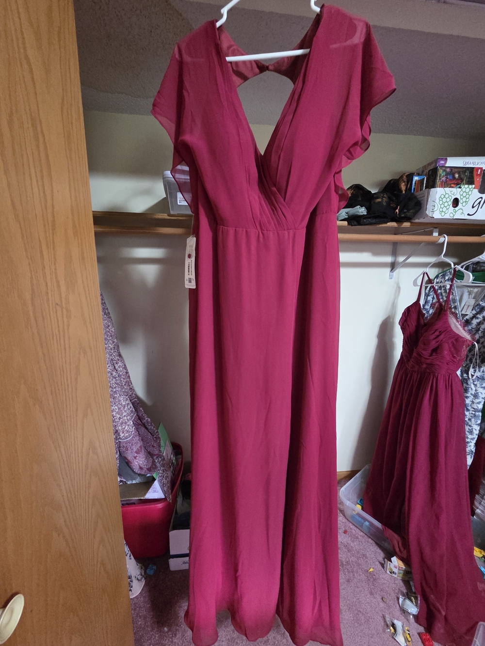 Azazie Deep Fuchsia V-Neck Maxi Dress with Flutter Sleeves